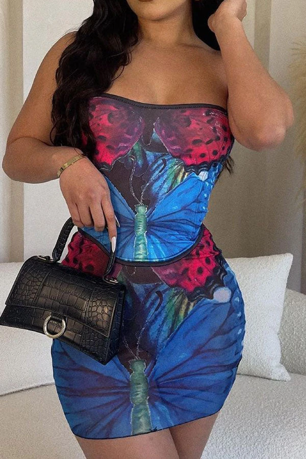 Butterfly Print Patchwork Party Bandeau Dress Suit 1 Butterfly Print Patchwork Party Bandeau Dress Suit
