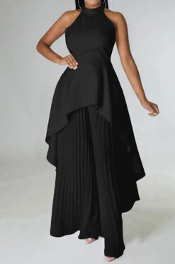Solid Color Rocking Pleated Irregular Wide Leg Pant Suit -Clothing Outlet Store C23041966 BK 1