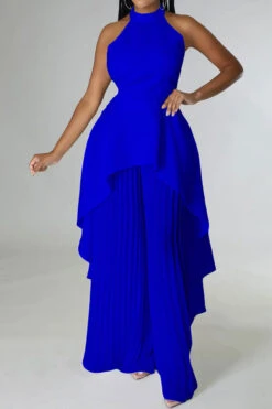 Solid Color Rocking Pleated Irregular Wide Leg Pant Suit -Clothing Outlet Store C23041966 BL 1