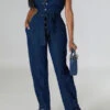 Solid Color On-trend Strappy Belted Denim Jumpsuit