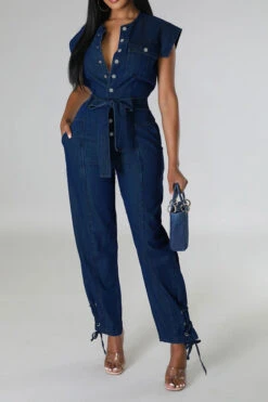 Solid Color On-trend Strappy Belted Denim Jumpsuit
