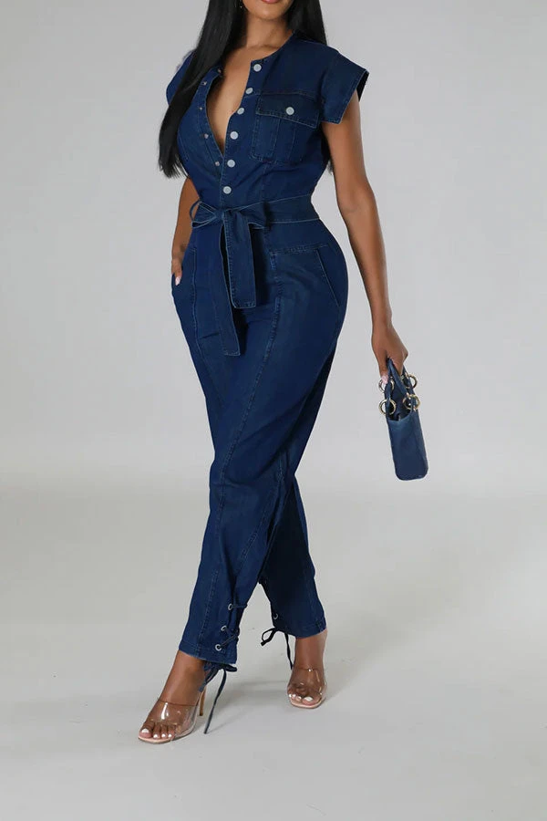 Solid Color On-trend Strappy Belted Denim Jumpsuit 2 Solid Color On-trend Strappy Belted Denim Jumpsuit - Image 2