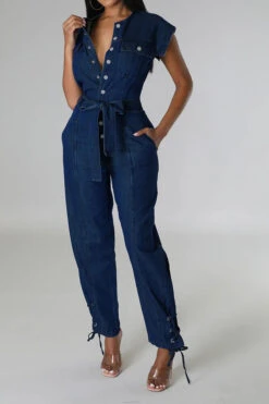 Solid Color On-trend Strappy Belted Denim Jumpsuit 7 Solid Color On-trend Strappy Belted Denim Jumpsuit -Clothing Outlet Store C23041976 BL 3