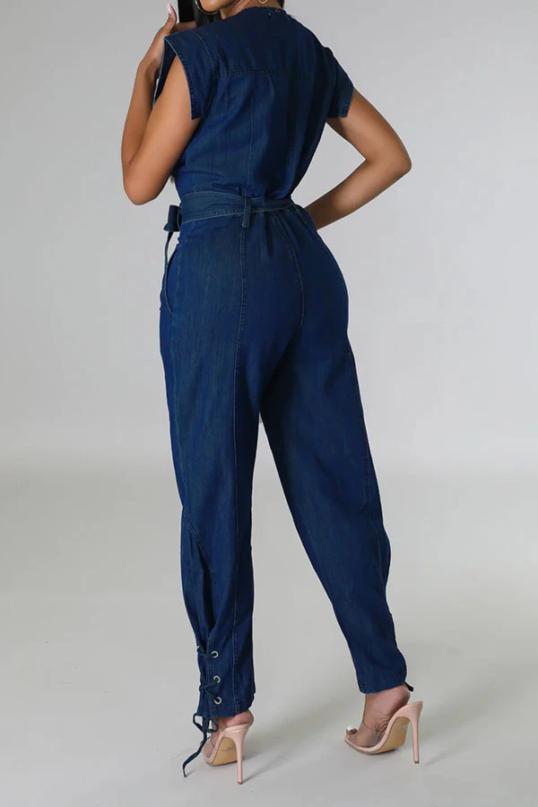Solid Color On-trend Strappy Belted Denim Jumpsuit 4 Solid Color On-trend Strappy Belted Denim Jumpsuit - Image 4