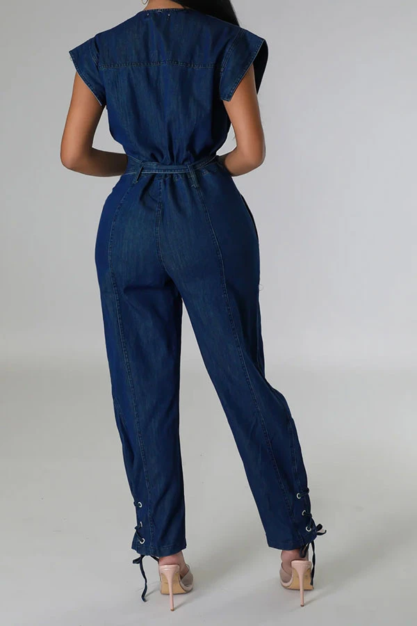 Solid Color On-trend Strappy Belted Denim Jumpsuit 5 Solid Color On-trend Strappy Belted Denim Jumpsuit - Image 5
