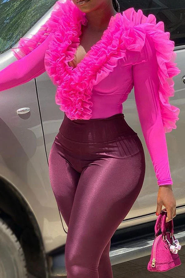 Solid Color Smart Mesh Ruffle Design Romper 1 Solid Color Smart Mesh Ruffle Design Romper