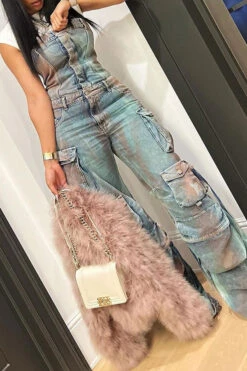 Gradient On-trend Multi Pocket Denim Jumpsuit -Clothing Outlet Store C23042439 BL 3