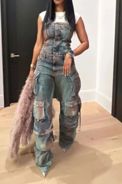 Gradient On-trend Multi Pocket Denim Jumpsuit -Clothing Outlet Store C23042439 BL 5