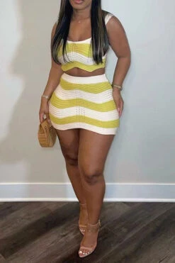 Hit Color Hot Knitted Dress Suit -Clothing Outlet Store C23042458 YE 1