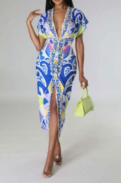 Tribal Print Feminine Draped High Split Midi Dress -Clothing Outlet Store C23042515 BL 1