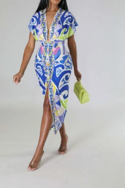 Tribal Print Feminine Draped High Split Midi Dress -Clothing Outlet Store C23042515 BL 3