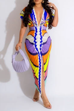 Tribal Print Feminine Draped High Split Midi Dress -Clothing Outlet Store C23042515 OR 1