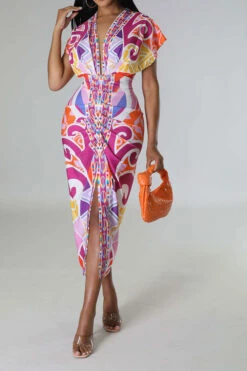 Tribal Print Feminine Draped High Split Midi Dress -Clothing Outlet Store C23042515 PI 1