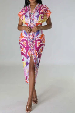 Tribal Print Feminine Draped High Split Midi Dress -Clothing Outlet Store C23042515 PI 3