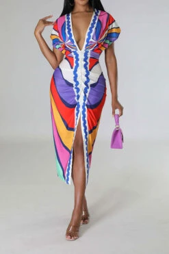 Tribal Print Feminine Draped High Split Midi Dress -Clothing Outlet Store C23042515 RR 2
