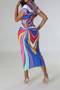 Tribal Print Feminine Draped High Split Midi Dress -Clothing Outlet Store C23042515 RR 3