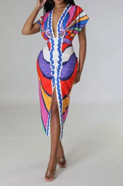 Tribal Print Feminine Draped High Split Midi Dress -Clothing Outlet Store C23042515 RR 4