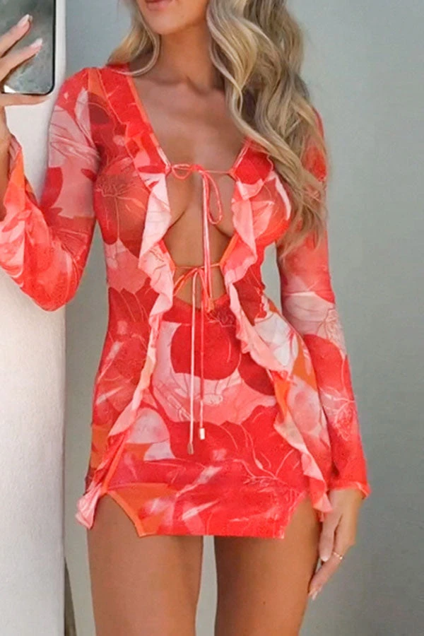 Floral Print Flattering Ruffle Lace-Up Mini Dress 2 Floral Print Flattering Ruffle Lace-Up Mini Dress - Image 2