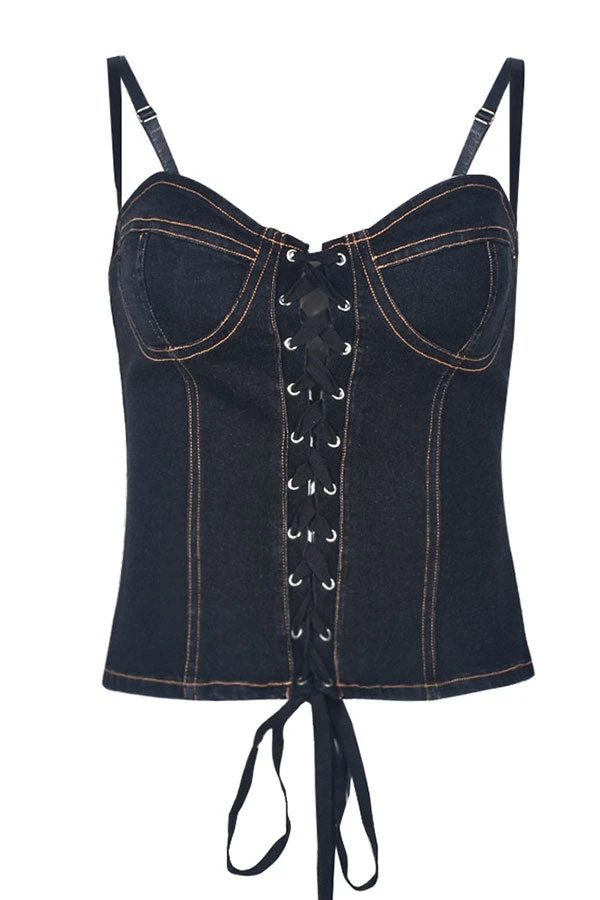 Patchwork Girly Strappy Denim Camisole 5 Patchwork Girly Strappy Denim Camisole - Image 5