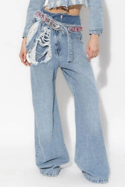 Patchwork High Waist Hippy Ripped Belted Jeans