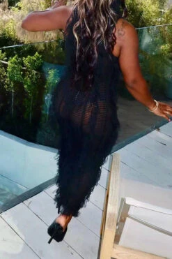 Solid Color Whimsical Tassel Knitted Midi Dress -Clothing Outlet Store C23042829 BK 2