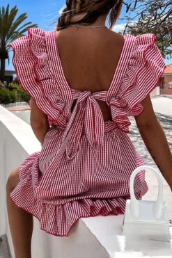 Striped Sweet Ruffle Tie Back Mini Dress -Clothing Outlet Store C23042837 RE 3