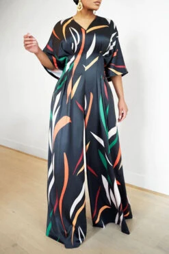 Colorful Striped V Neck Wide Leg Jumpsuit 10 Colorful Striped V Neck Wide Leg Jumpsuit -Clothing Outlet Store C23042839 BK 1