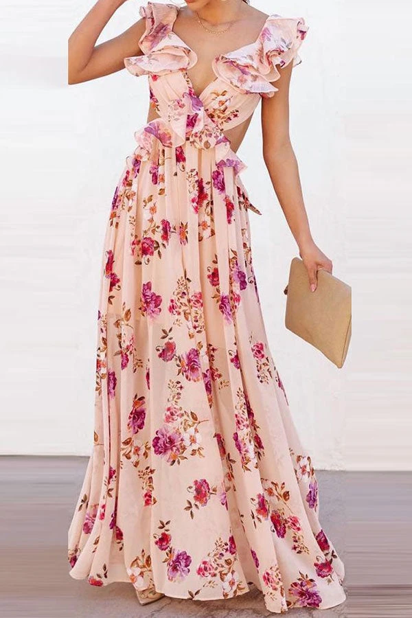 Floral Print Elegant Ruffle Tie Back Maxi Dress 1 Floral Print Elegant Ruffle Tie Back Maxi Dress