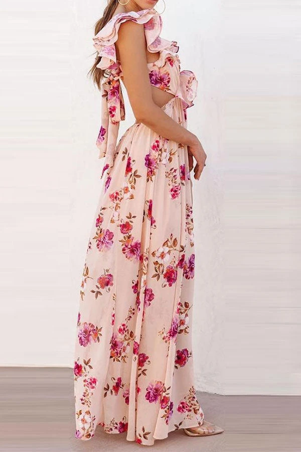 Floral Print Elegant Ruffle Tie Back Maxi Dress 2 Floral Print Elegant Ruffle Tie Back Maxi Dress - Image 2