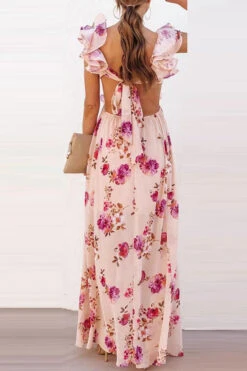 Floral Print Elegant Ruffle Tie Back Maxi Dress 5 Floral Print Elegant Ruffle Tie Back Maxi Dress -Clothing Outlet Store C23042844 RT 3