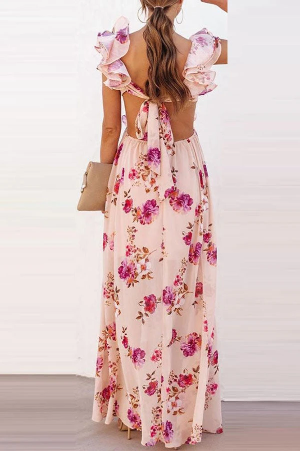 Floral Print Elegant Ruffle Tie Back Maxi Dress 3 Floral Print Elegant Ruffle Tie Back Maxi Dress - Image 3