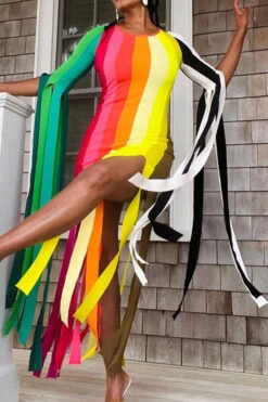 Color Block Dramatic Tassel Midi Dress -Clothing Outlet Store C23042846 RT 3