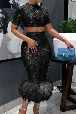 Sequined Glistening Feather Hem Dress Suit 11 Sequined Glistening Feather Hem Dress Suit -Clothing Outlet Store C23042852 BK 2