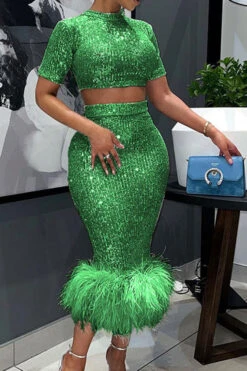 Sequined Glistening Feather Hem Dress Suit 15 Sequined Glistening Feather Hem Dress Suit -Clothing Outlet Store C23042852 GR 2