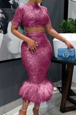 Sequined Glistening Feather Hem Dress Suit 13 Sequined Glistening Feather Hem Dress Suit -Clothing Outlet Store C23042852 RR 2
