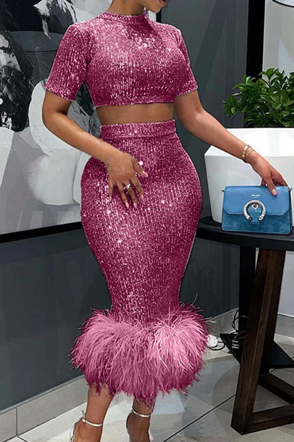 Sequined Glistening Feather Hem Dress Suit 6 Sequined Glistening Feather Hem Dress Suit - Image 6