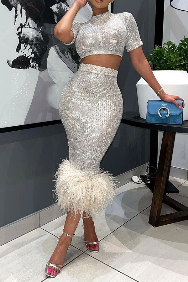 Sequined Glistening Feather Hem Dress Suit 1 Sequined Glistening Feather Hem Dress Suit
