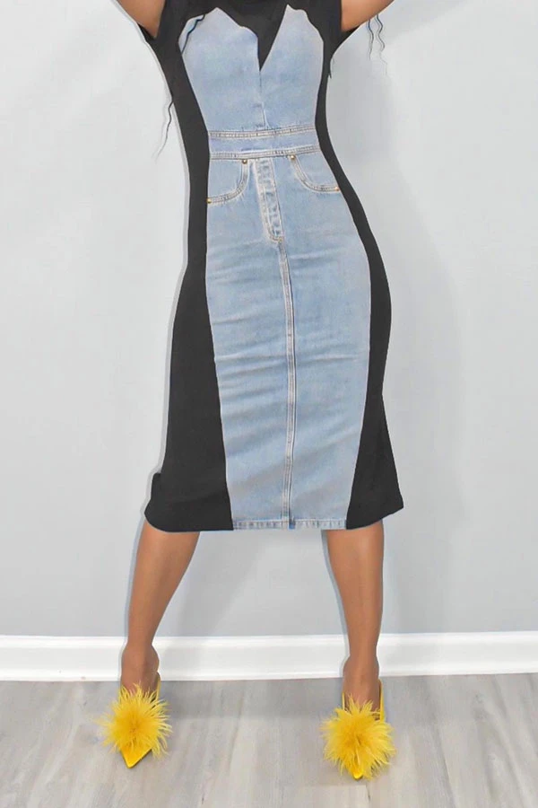 Hit Color Patchwork On-trend Denim Midi Dress 2 Hit Color Patchwork On-trend Denim Midi Dress - Image 2