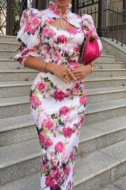 Floral Print Glamorous Mandarin Collar Midi Dress