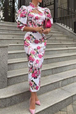 Floral Print Glamorous Mandarin Collar Midi Dress -Clothing Outlet Store C23050418 RR 3