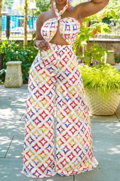 Star Print Smart Tie Front Wide Leg Jumpsuit