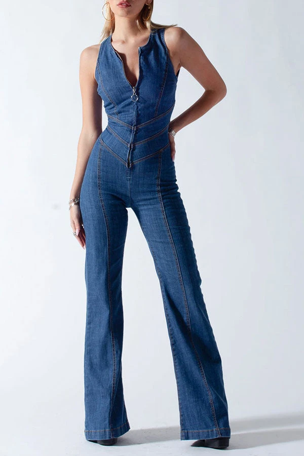 Solid Color Urban Open Back Denim Jumpsuit 2 Solid Color Urban Open Back Denim Jumpsuit - Image 2