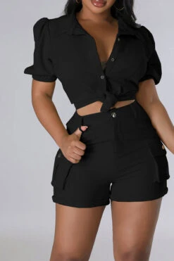 Solid Color Feminine Patch Pocket Pant Suit 20 Solid Color Feminine Patch Pocket Pant Suit -Clothing Outlet Store C23050881 BK 1