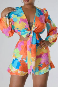 Floral Print Cute Tie Front Pant Suit