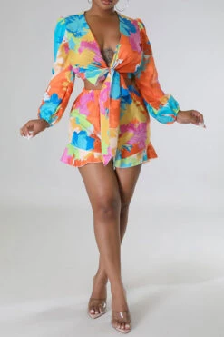 Floral Print Cute Tie Front Pant Suit -Clothing Outlet Store C23050882 OR 3