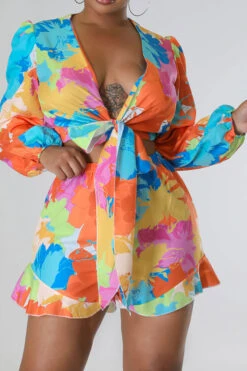 Floral Print Cute Tie Front Pant Suit -Clothing Outlet Store C23050882 OR 5