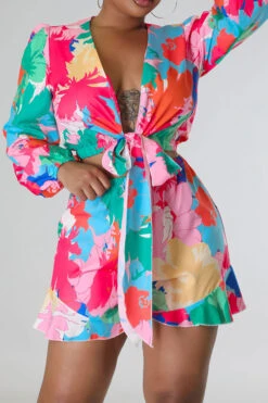 Floral Print Cute Tie Front Pant Suit -Clothing Outlet Store C23050882 RE 1