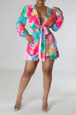 Floral Print Cute Tie Front Pant Suit -Clothing Outlet Store C23050882 RE 2