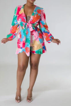 Floral Print Cute Tie Front Pant Suit -Clothing Outlet Store C23050882 RE 3