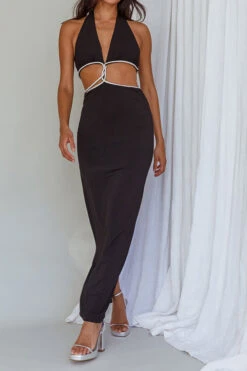 Rhinestone Patchwork Flattering Cutout Maxi Dress 7 Rhinestone Patchwork Flattering Cutout Maxi Dress -Clothing Outlet Store C23051113 BK 4